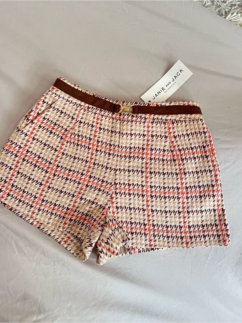 Janie and Jack Cream and Pink Plaid Tweed Shorts with Brown Trim